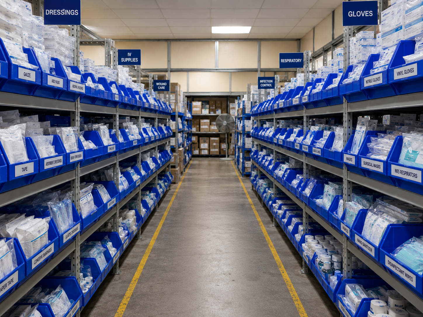 Organised medical supply shelving at a distributor partner facility, with dressings, gloves and wound-care stock held to specification